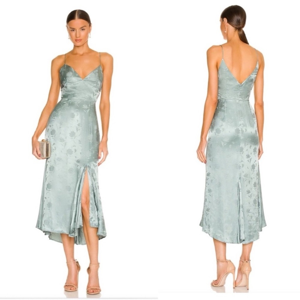 NWT Sau Lee Francesca Floral Embossed Satin Slit Bias Cut Dress Sage Green Sz 8